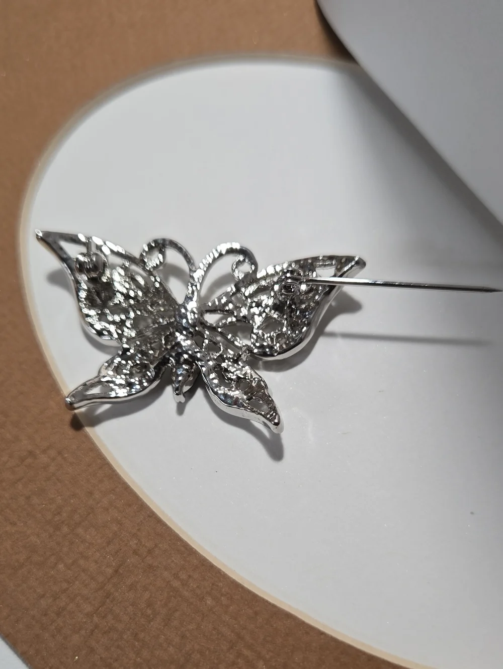 Vintage Silver Tone Butterfly Brooch with Black Stones